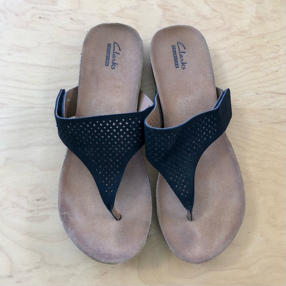 Clarks Collection AERON Black Suede Mesh Thong Sandals Size 10 Women